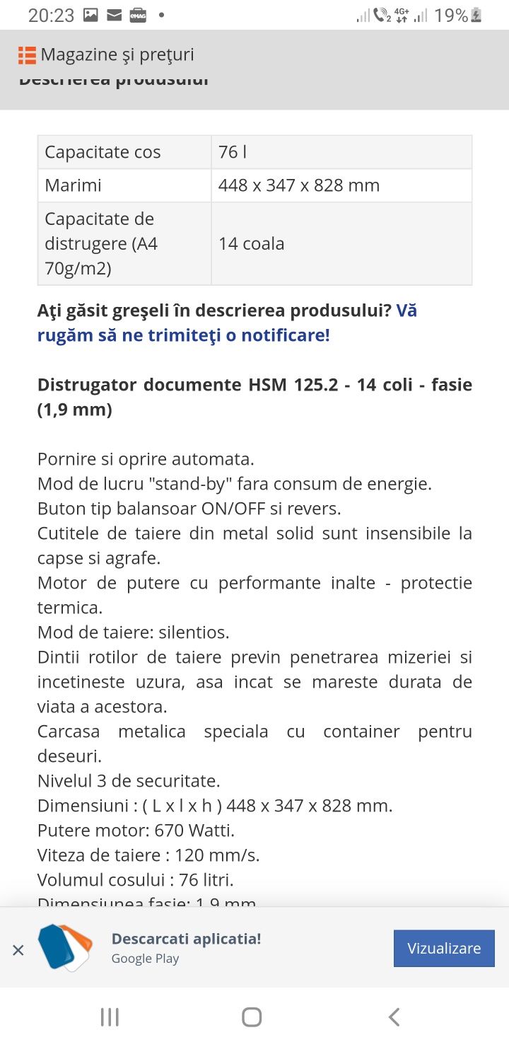 Distrugator HSM 125,2 1,9 mm tocător  hârtie pana la 14 coli instanti