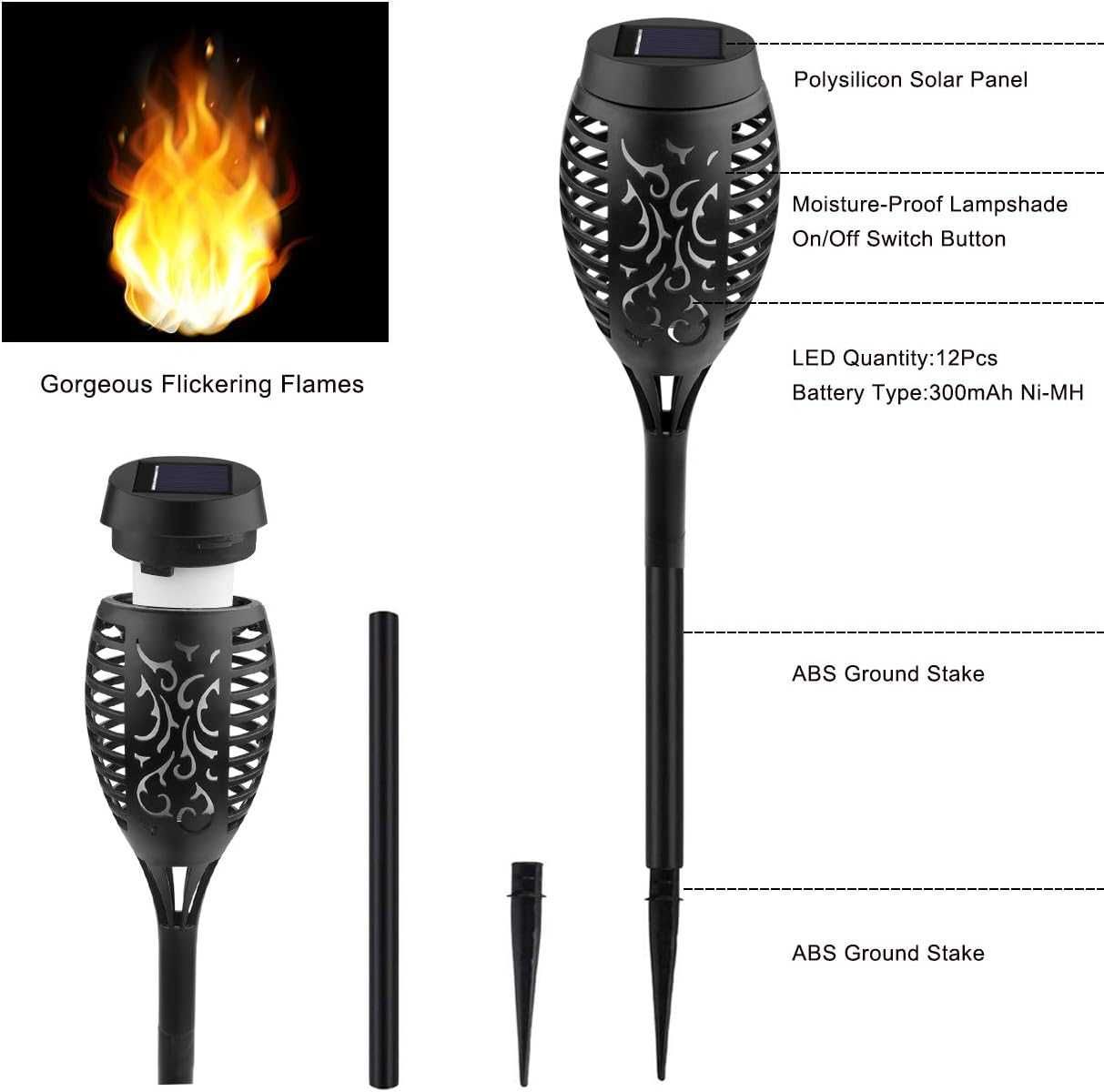 Set 4 lampi solare de gradina cu efect flacara LED tip torta 51 cm