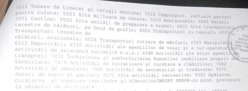 Vând firmă POLUX SRL multiple coduri CAEN; fără nicio datorie