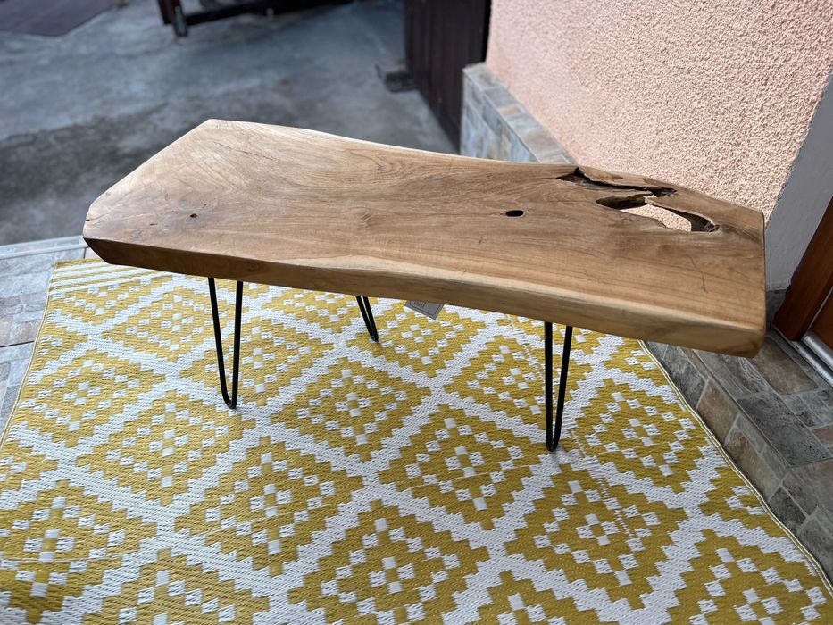 Masa Cafea Lemn Solid Salcam Picioare Pin Fier Scandinav Rustic Noua!