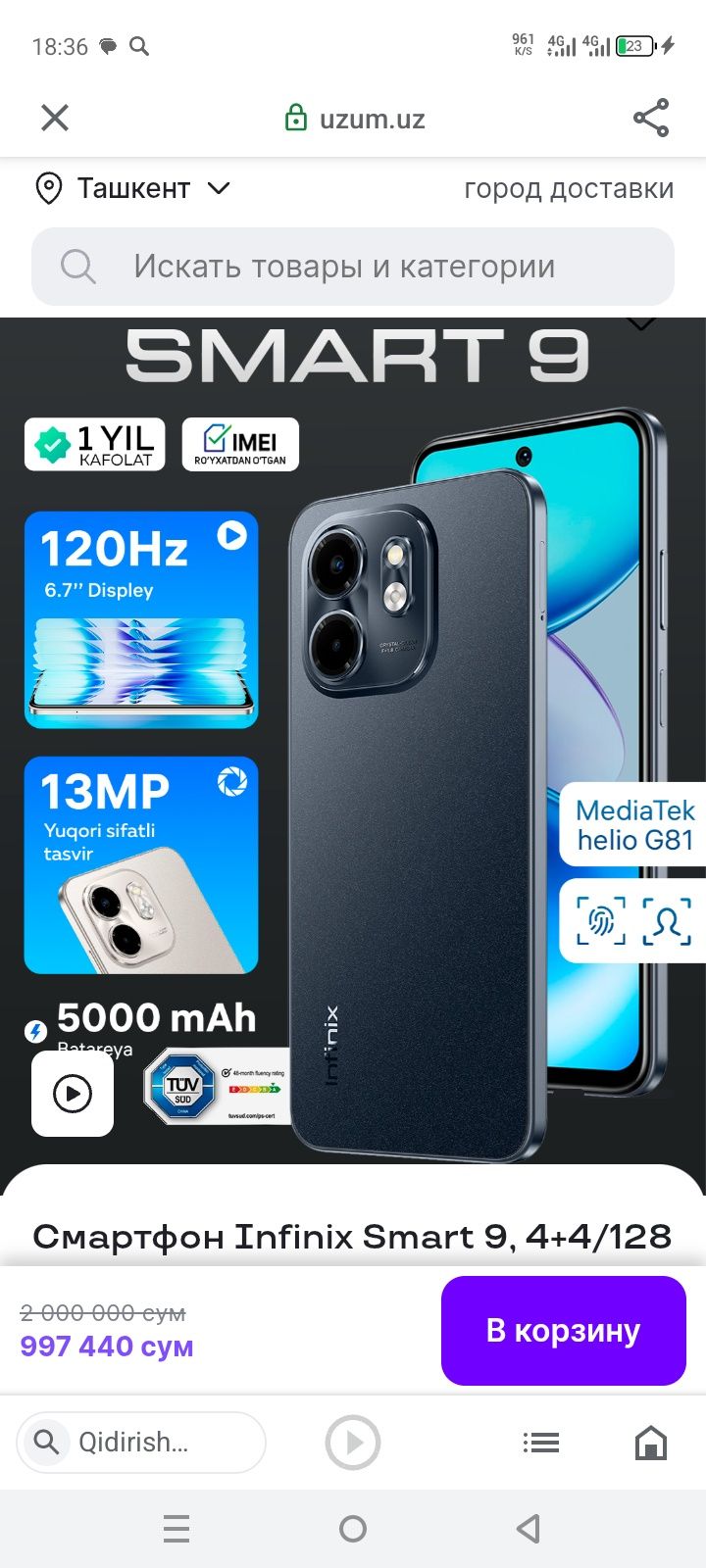 infinix smart 9 xali yangi 3 oy boʻlgan olinganiga