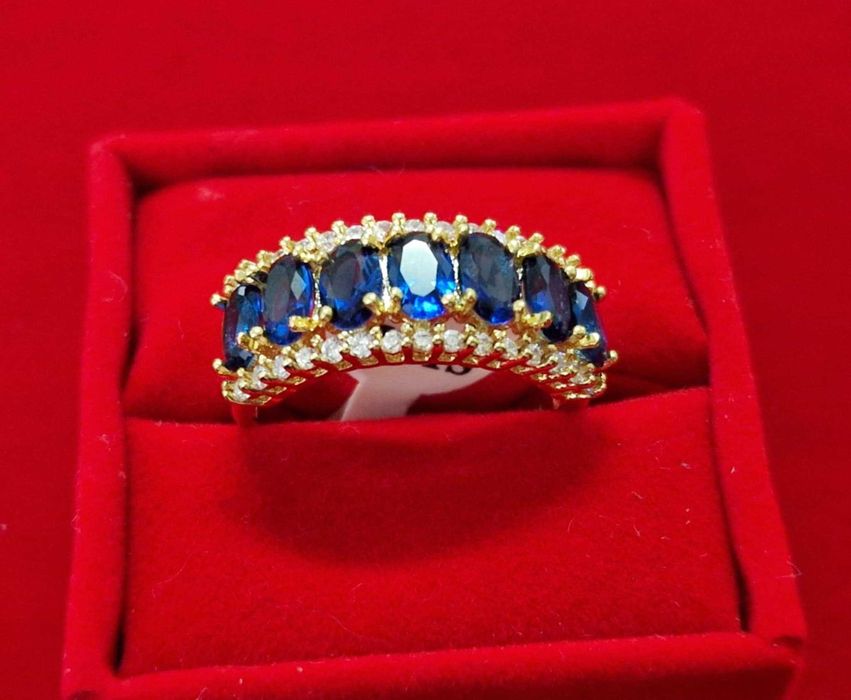 GR44,inel placat aur 14k, masiv, model marquiz, zirconii safir/alb