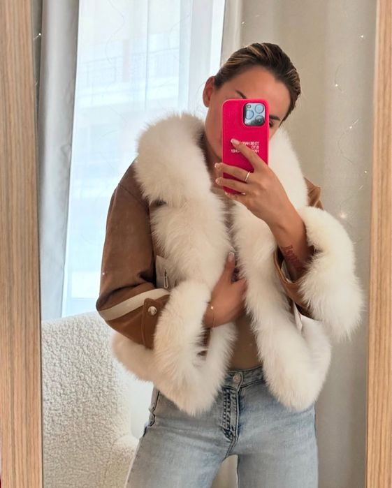 НЕВЕРОЯТНО! Дамско Яке с натурален косъм и пълнеж от гъши пух размер S