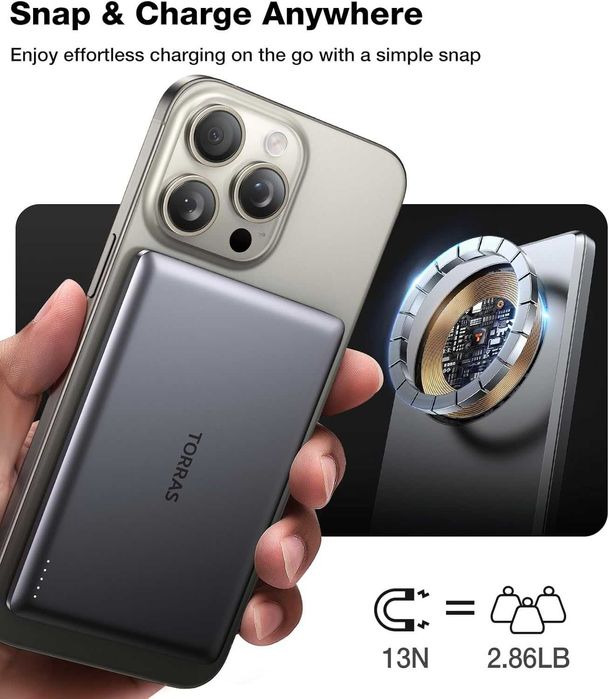 Батерия Powerbank Mini, Torras, MagSafe, 5000mAh, 18W, черна