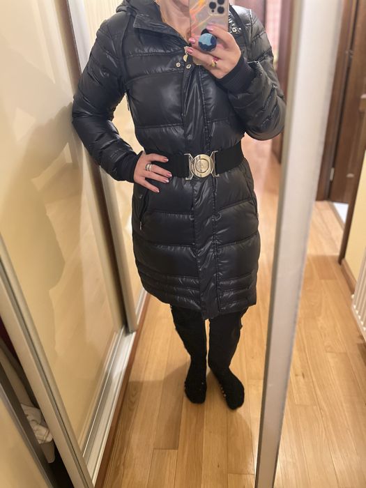 Geacă EA7 Emporio Armani neagră, model lung cu curea