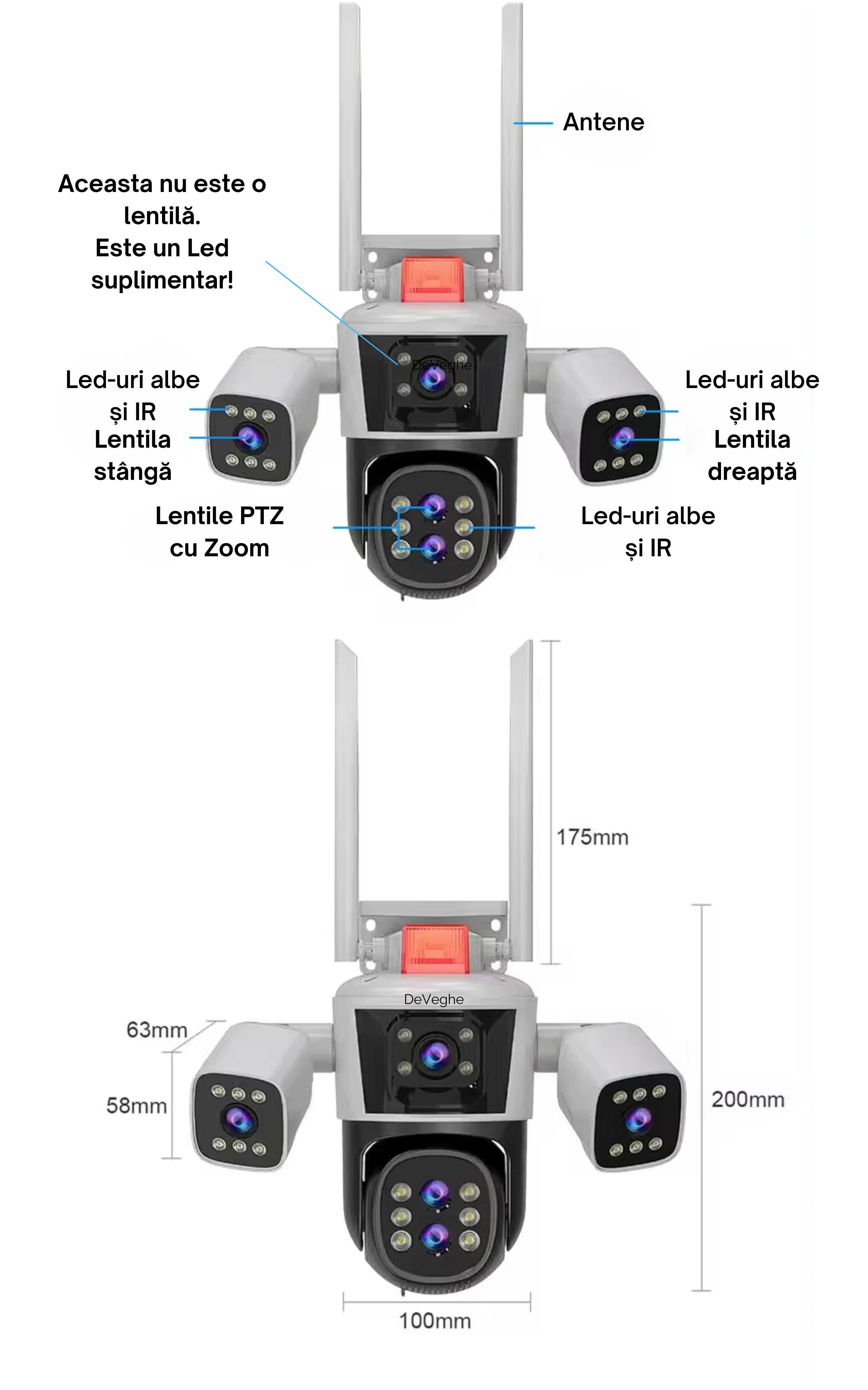 Camera supraveghere tripla WiFi DeVeghe 16 MP, 4K, Ultra HD, Zoom 10x