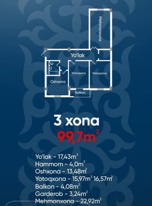 3 комнатная коробка 99кв.м Чиланзар Ц квартал