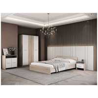 Dormitor sonoma-alb, pat 140 x 200 cm, dulap 3 usi, comoda, 2 noptiere
