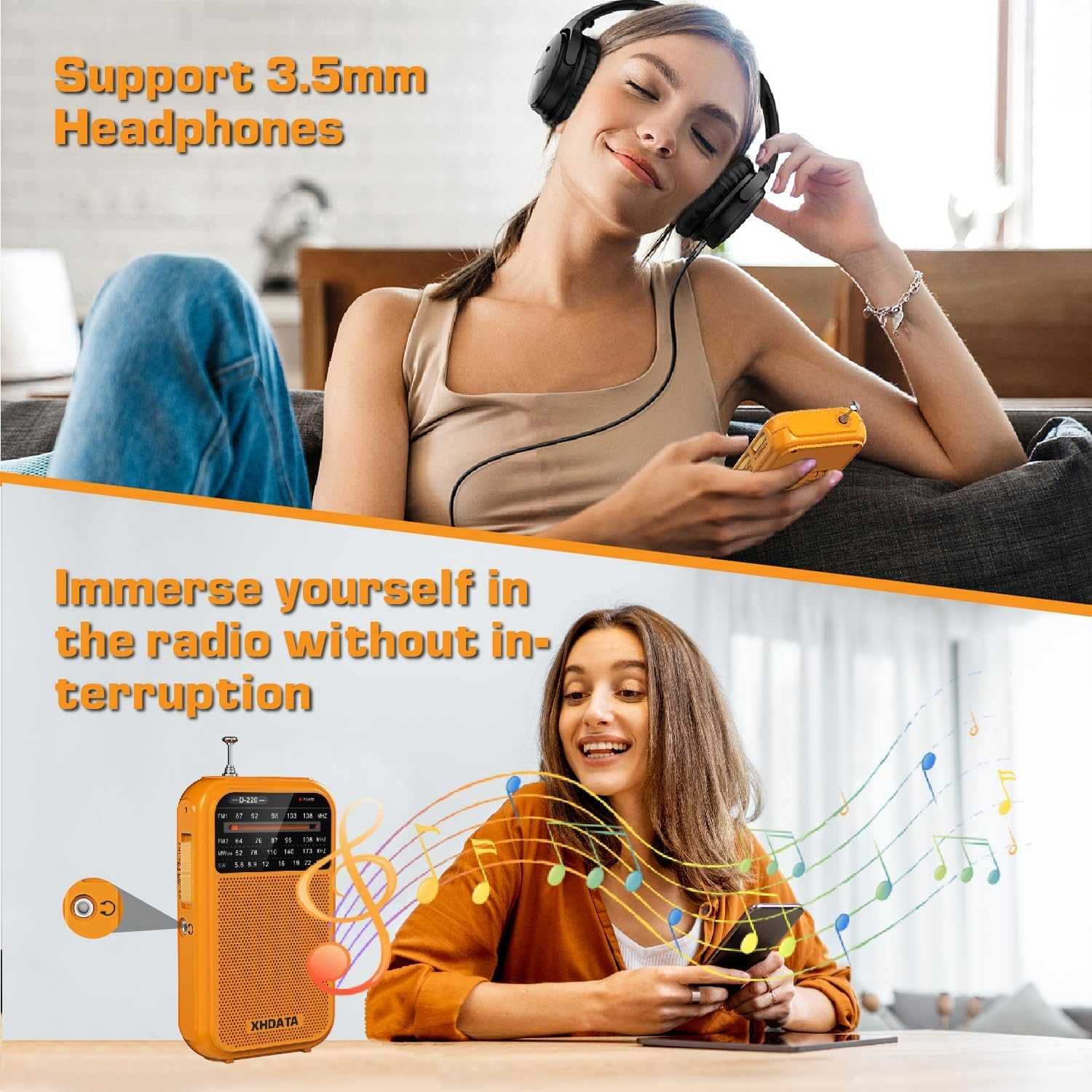 XHDATA D220 портативен FM 1-2, MW,SW радиоприемник-оранжев цвят