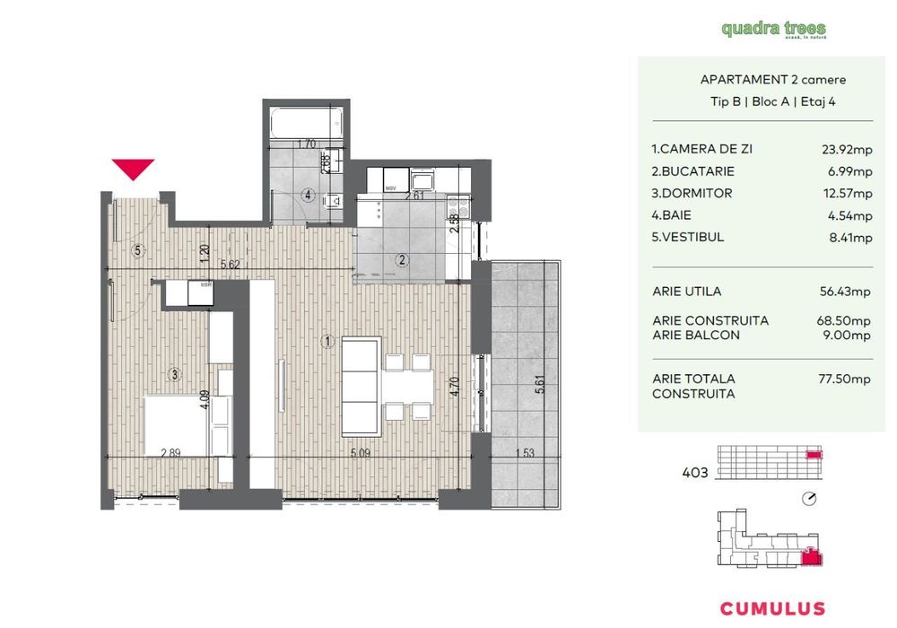 Quadra Trees // 2 camere de vânzare, etaj 4 din 5, zona Drumul Taberei