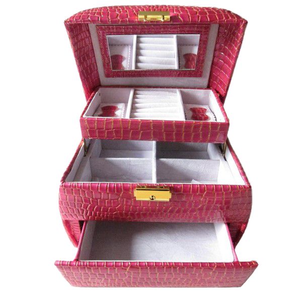 Caseta Bijuterii, Piele Ecologica, cu 3 sertare, Roz