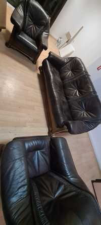 Комплект диван с два фотьойла, дърво, ратан и естествена кожа