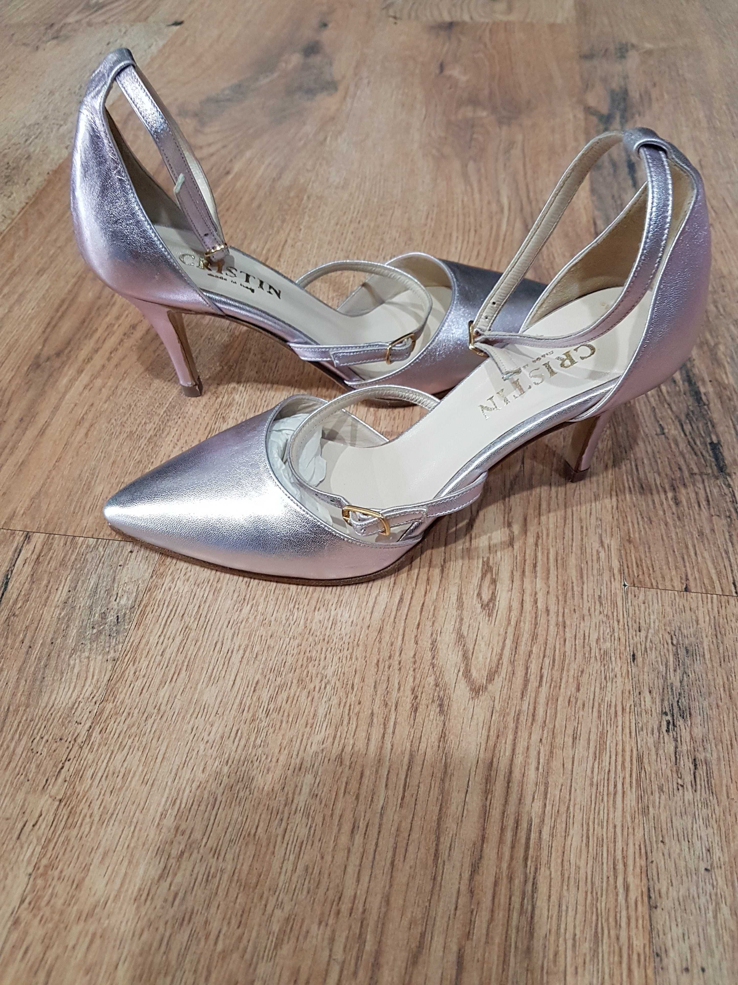 Pantofi eleganti stiletto noi piele naturala lila metalizat 37