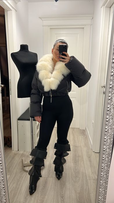 Geaca puf, blana naturala, scurta fermoar