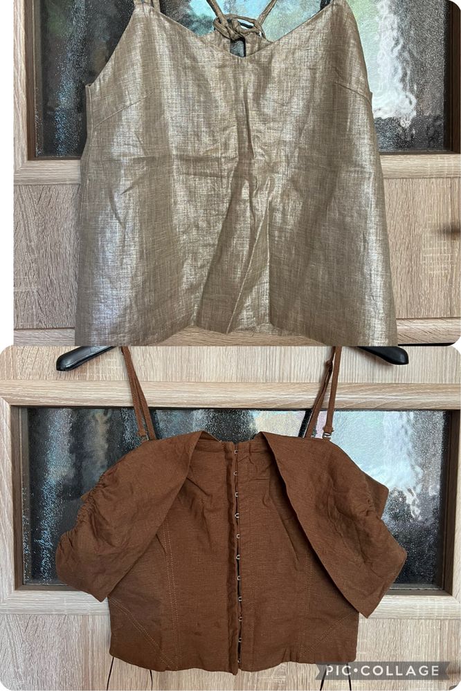 Ленен топ Zara, кроп топ с паднали рамене тип корсет Urban Outfitters