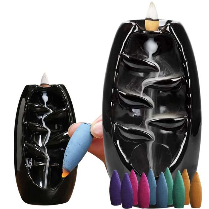 Arzator ceramic conuri parfumate cascada cu 10 conuri incluse negru