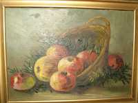 Pictura natura moarta ulei pe carton Cos cu mere