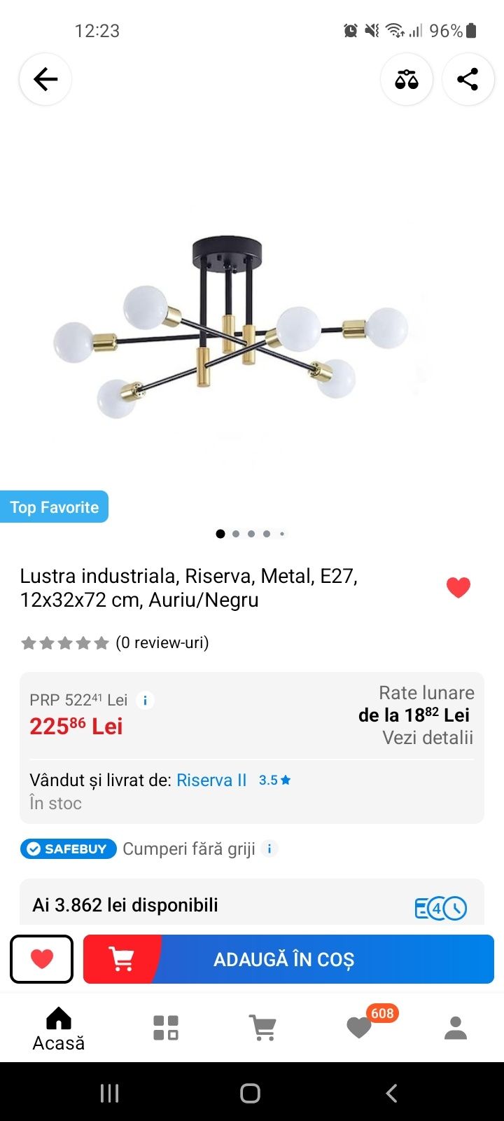 Lustra industriala, Riserva, Metal, E27, 12x32x72 cm, Auriu/Negru NOUĂ