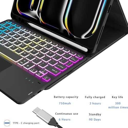 Нов Калъф с Клавиатура за таблет iPad Pro 11 2024, Подсветка 7 Цвята