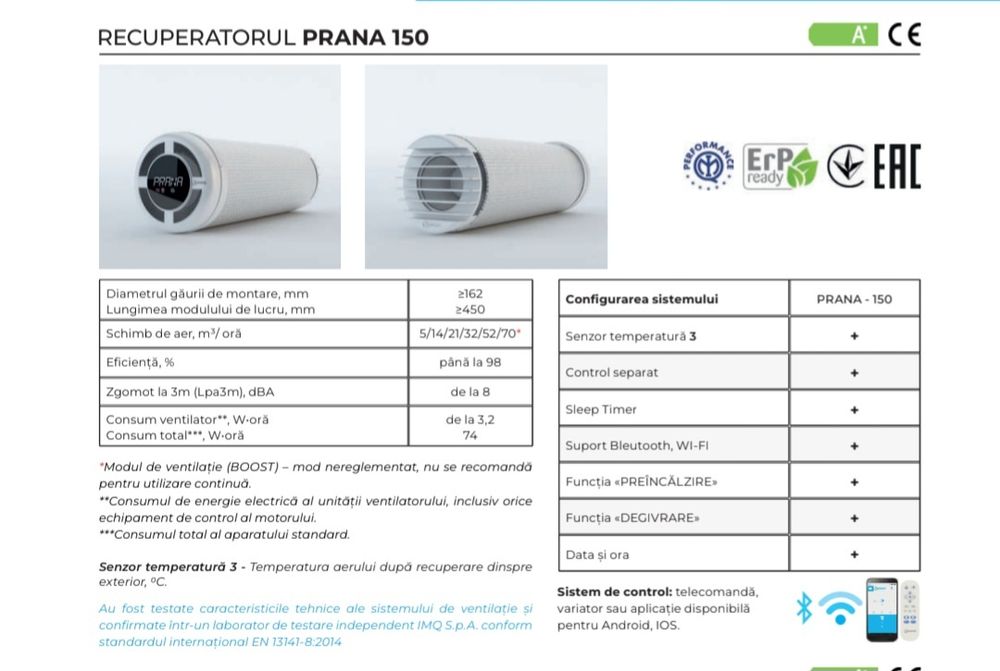 Sistem de ventilare Prana 150 Standard cu recuperare de căldură