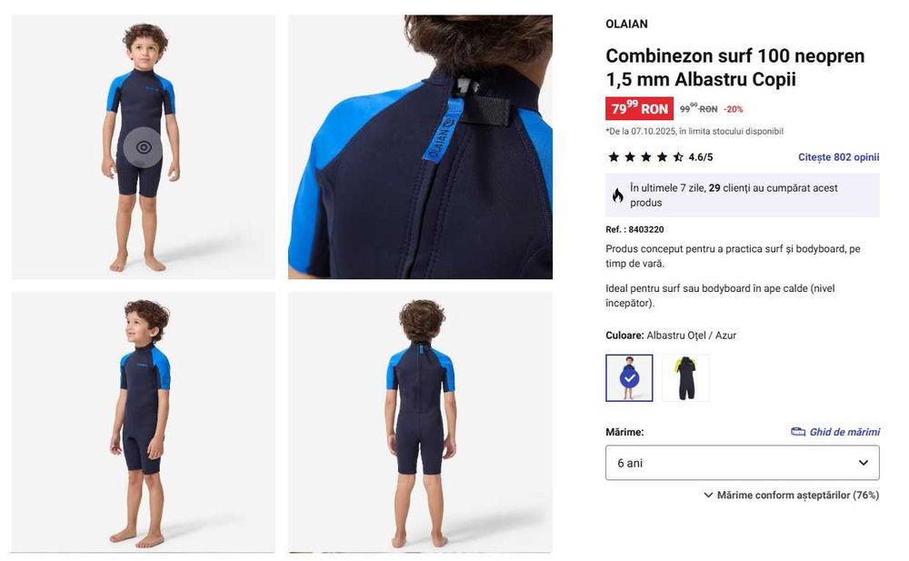 Combinezon surf 100 neopren 1,5 mm copii - pentru varsta de 6 ani