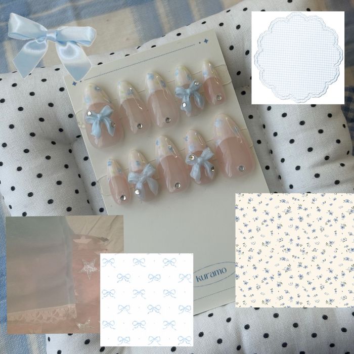 Set unghii false – fundițe albastre & pastel girly look