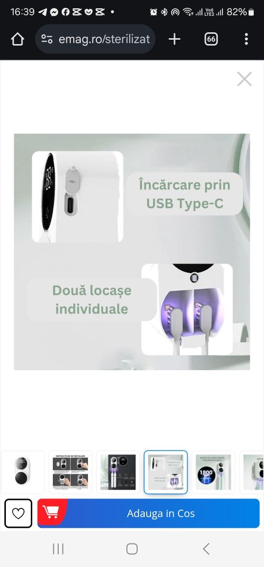 Sterilizator smart UV-C pentru periute de dinti, Distruge 99, 9% din b