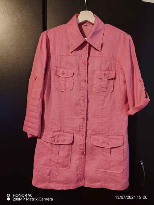 Cămașă tunică, roz trandafiriu, din in