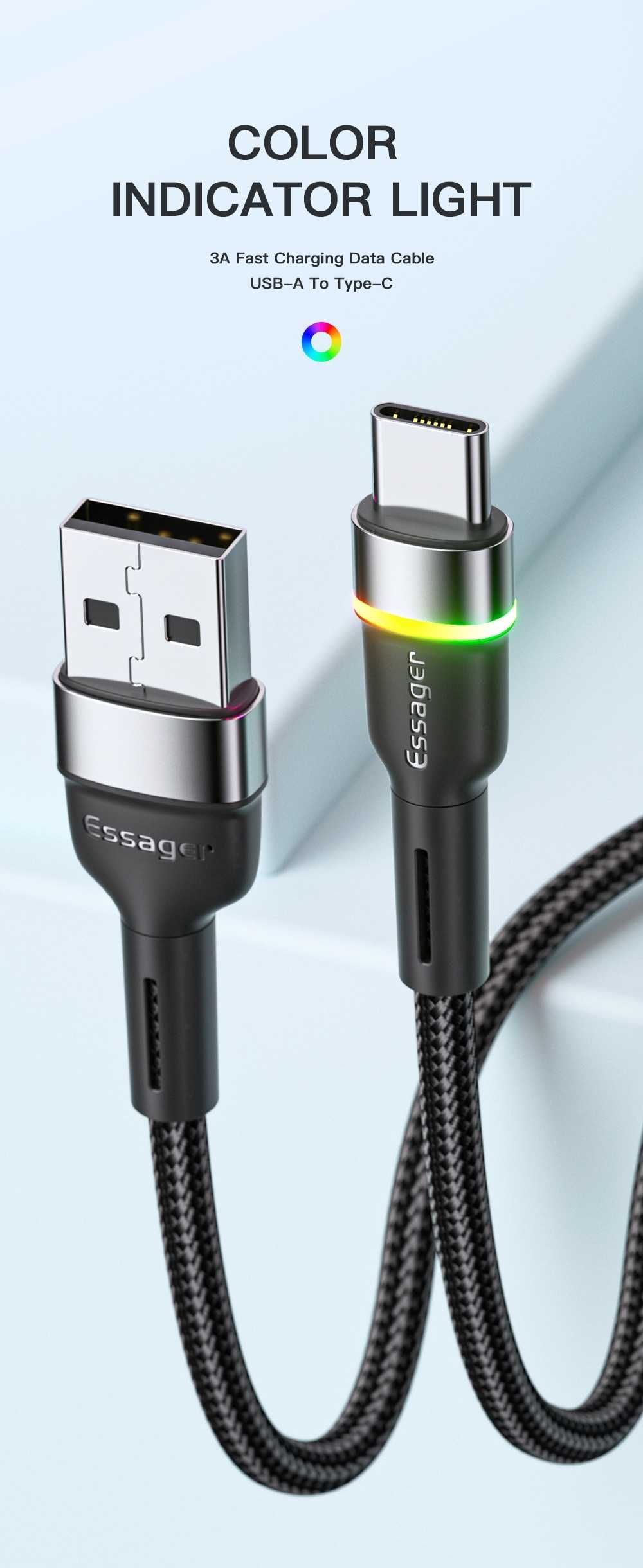 Cablu incarcare rapida telefon, USB-C, 2 metri, cu iluminare LED