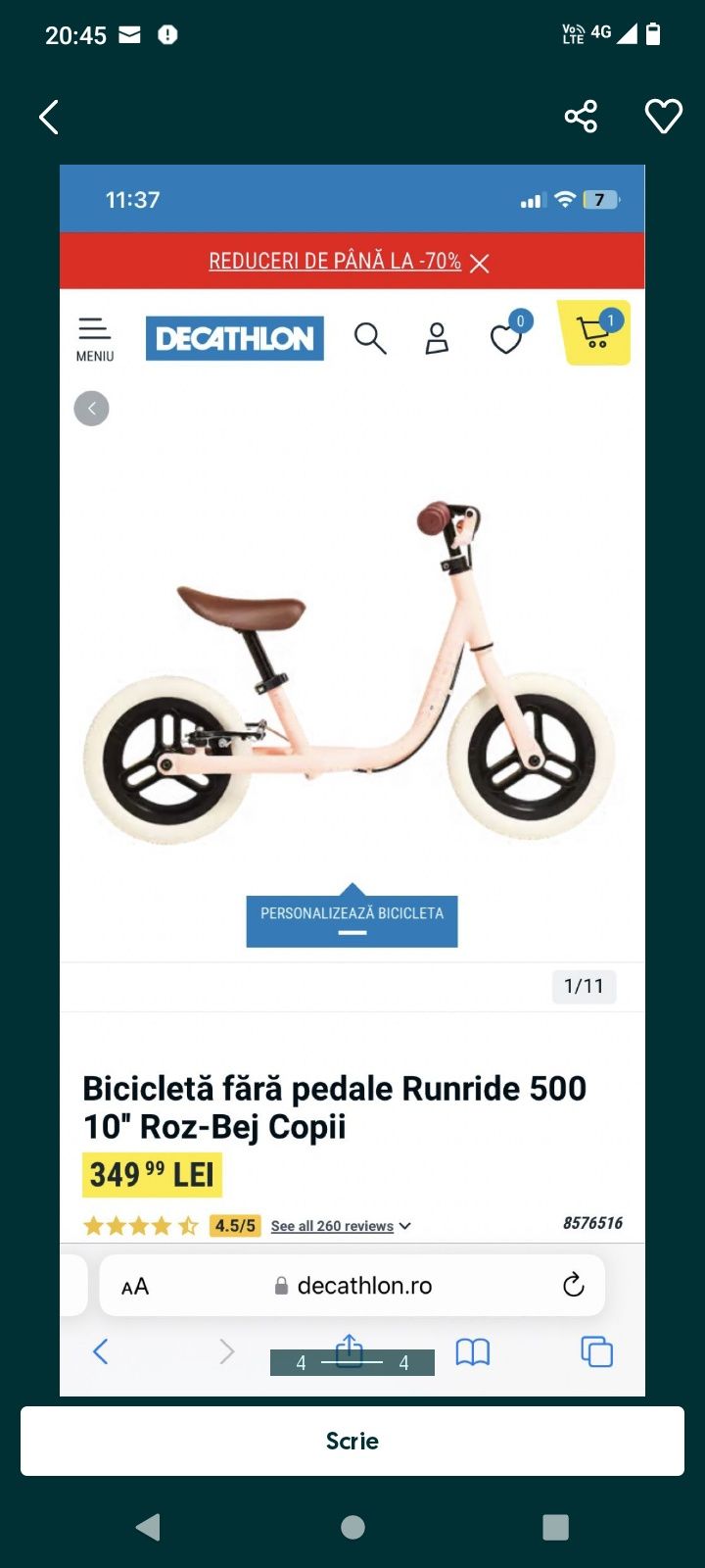 Bicicleta b-twin fără pedale de echilibru Decathlon copii 10inch fetiț