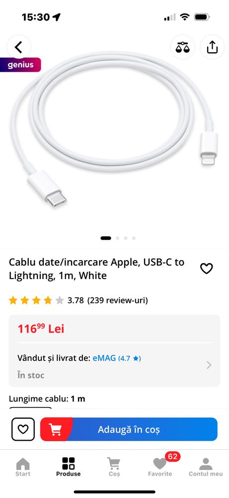 Cablu date/incarcare Apple USB-C to Lightning