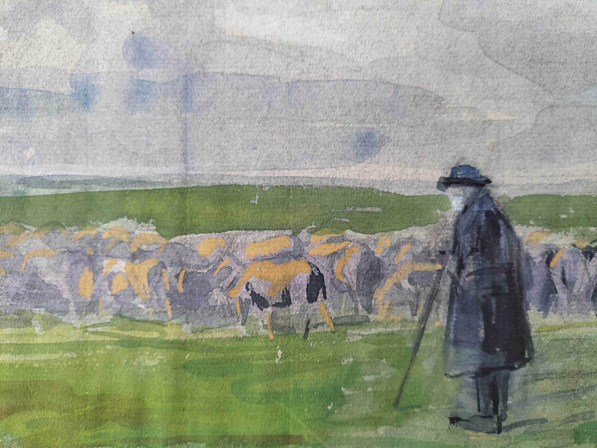 Păstor cu animale - acuarelă veche, semnată Wollmann