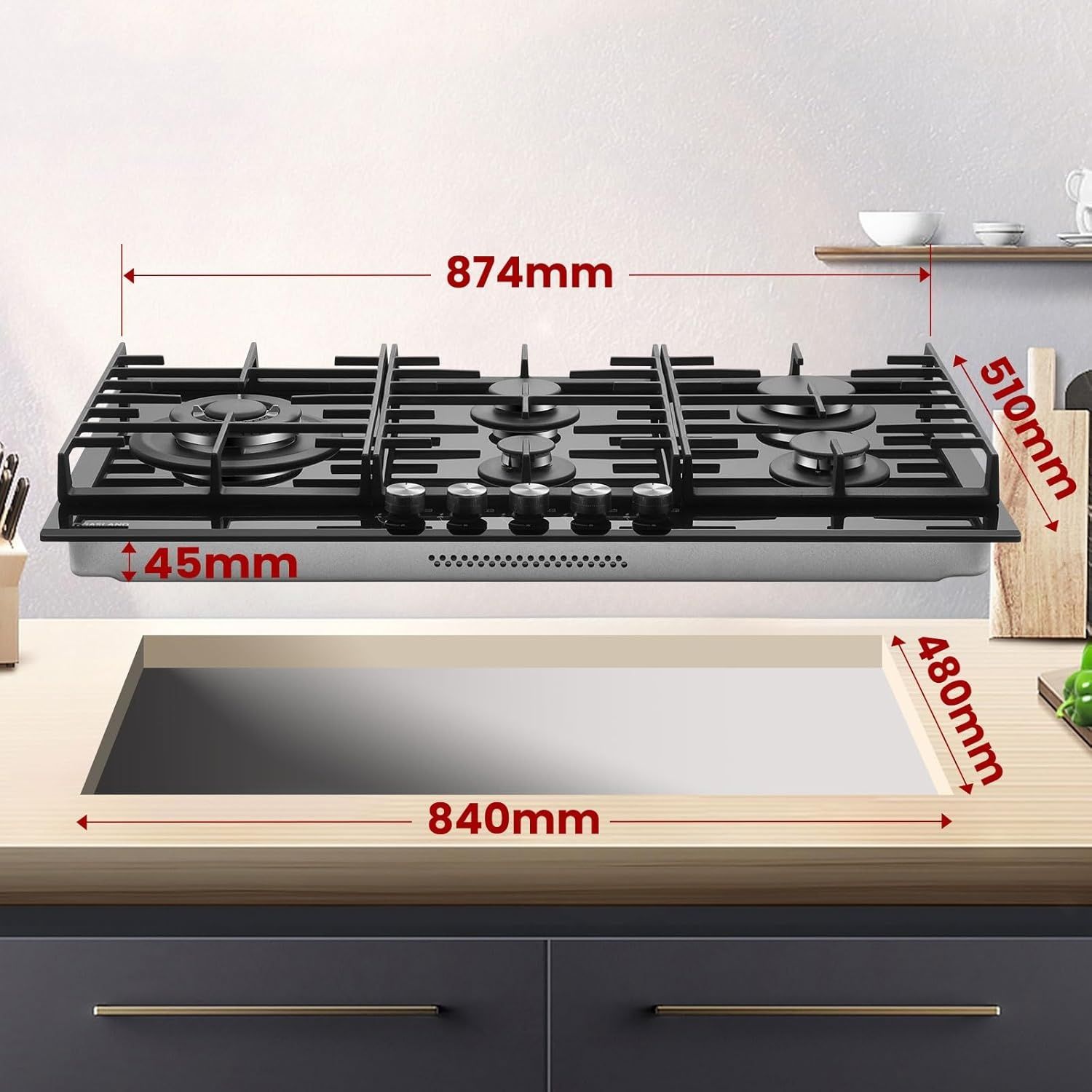 Газов плот за вграждане, 5 зони, 90см, 10400W, чугунени скари