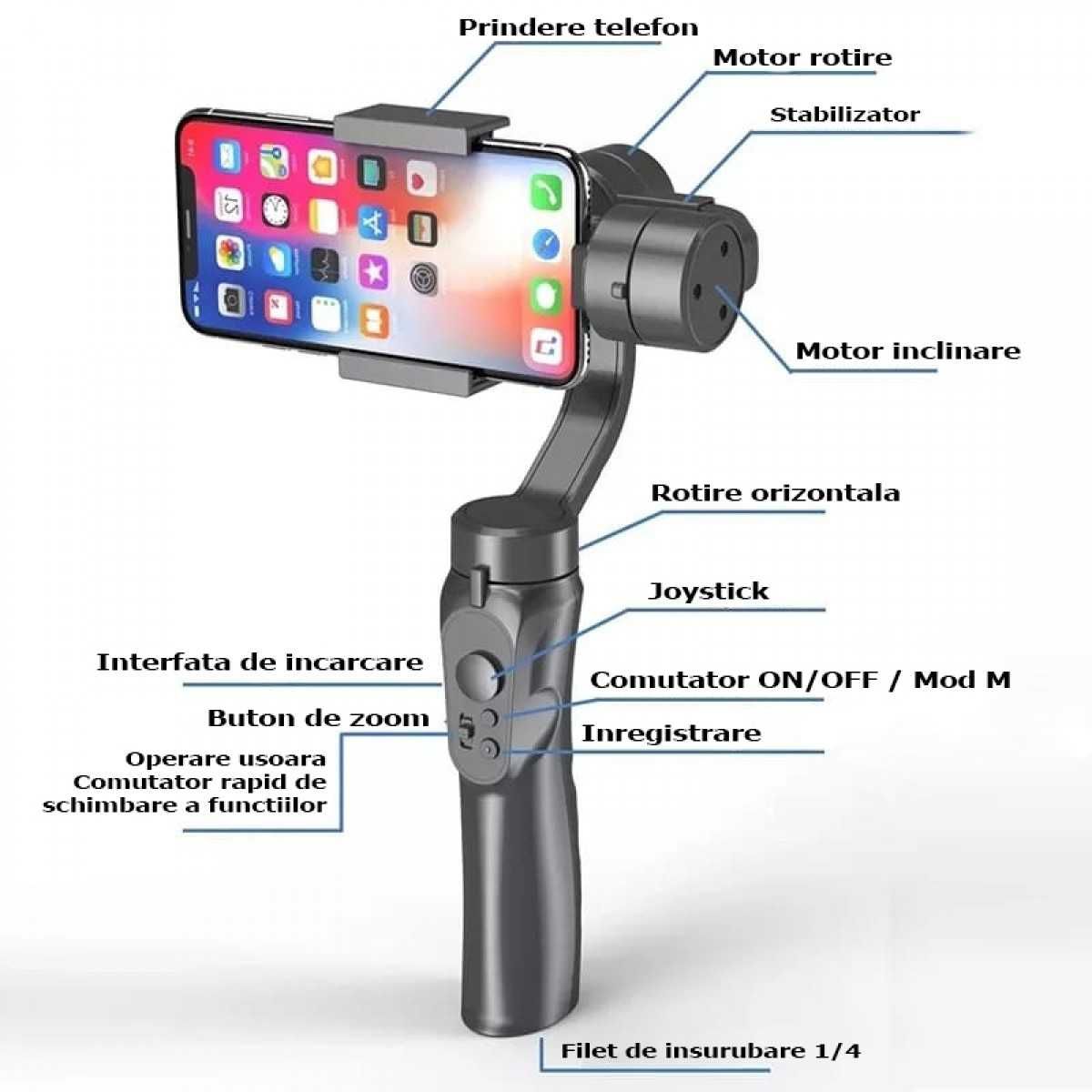 Stabilizator Gimbal portabil cu 3 Axe pentru Telefoane Mobile