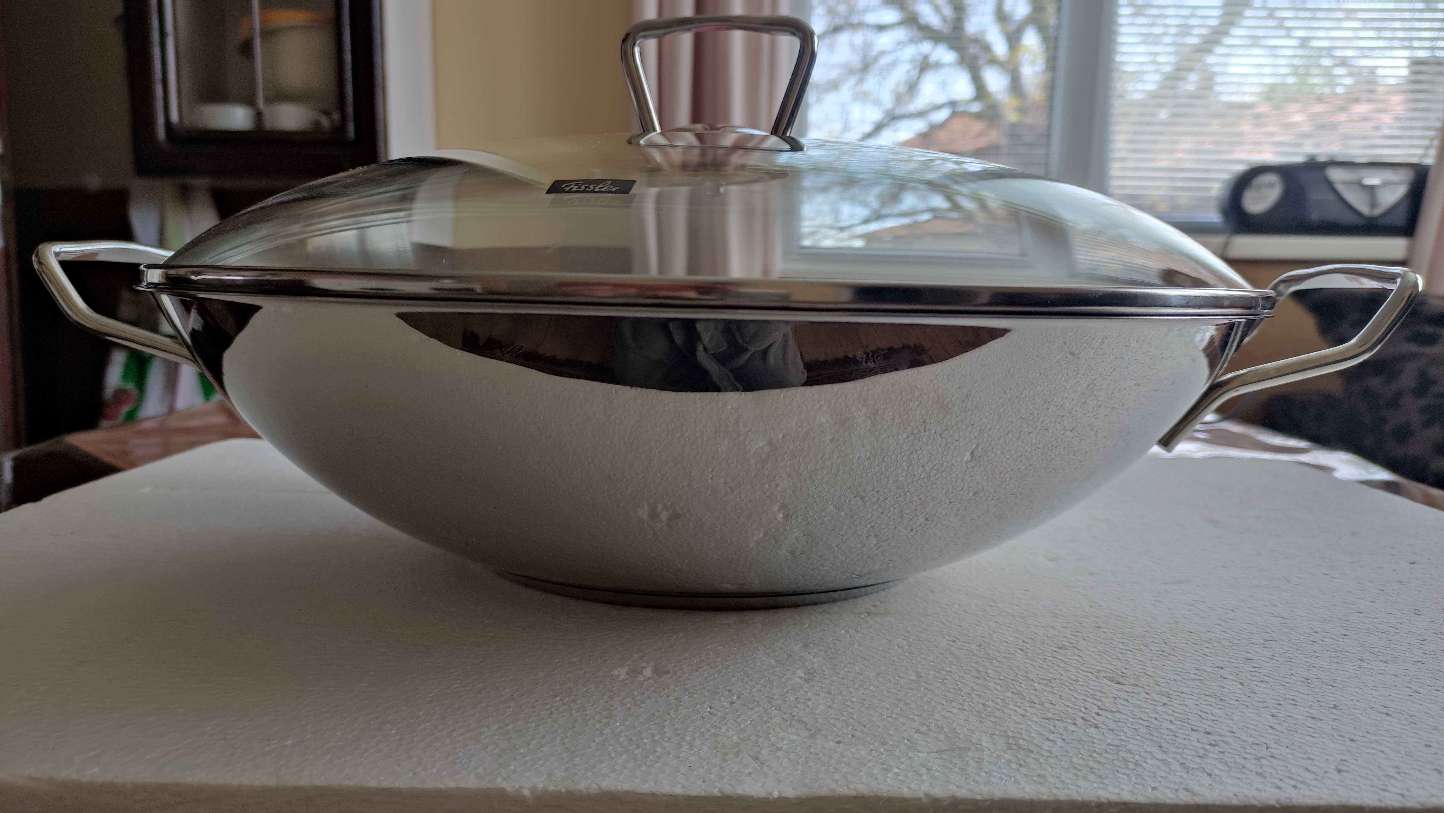 Fissler голям уок тиган от неръждаема стомана стъклен капак+индукция