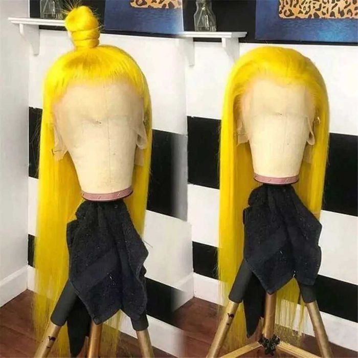 Права жълта перука с дантела лейс фронт