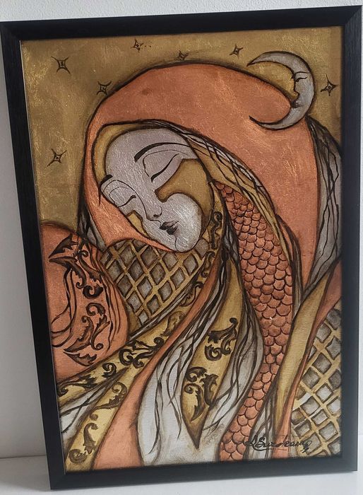 Cadou nou, pictura pe foita de aur-REGINA NOPTII-, pictor roman