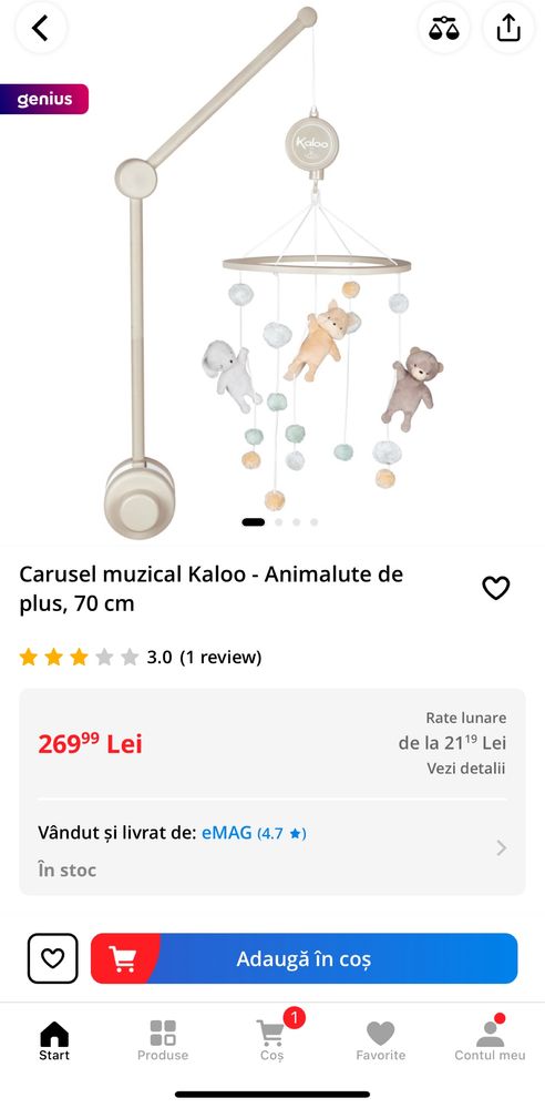 Carusel muzical Kaloo - Animalute de plus, 70 cm