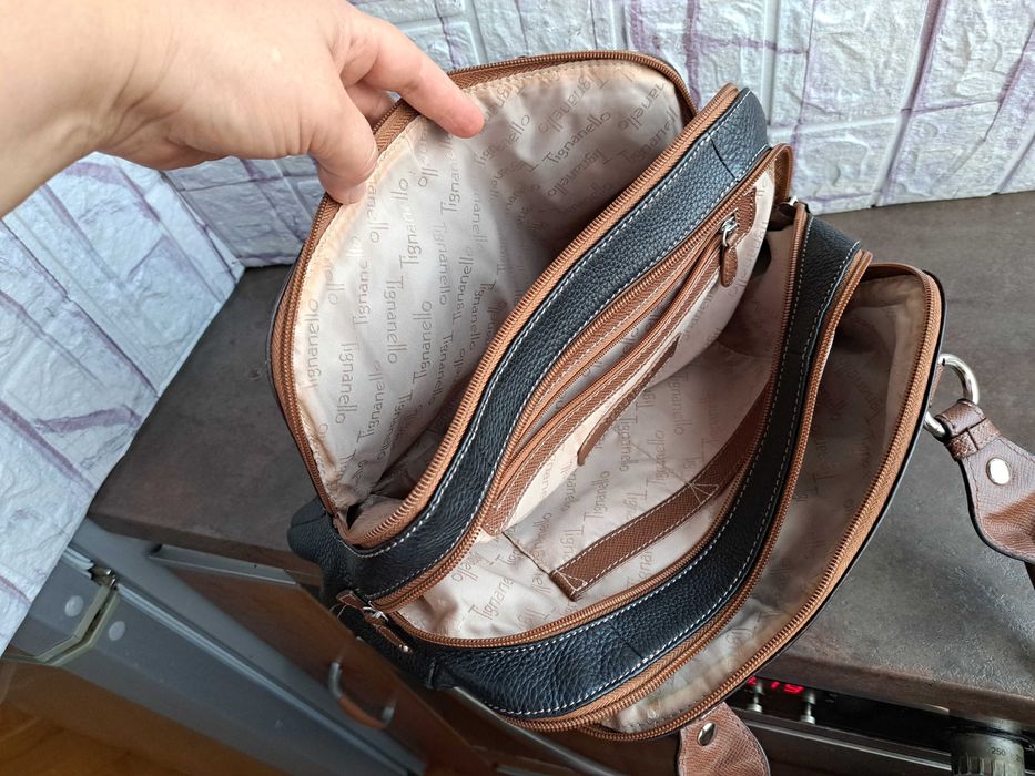 дамска чанта,TIGNANELLO,черна/кафява торба-естествена кожа