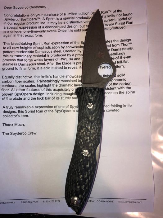 Spyderco SpyOpera, Carbon Fiber, Thor Damasteel, Sprint run.