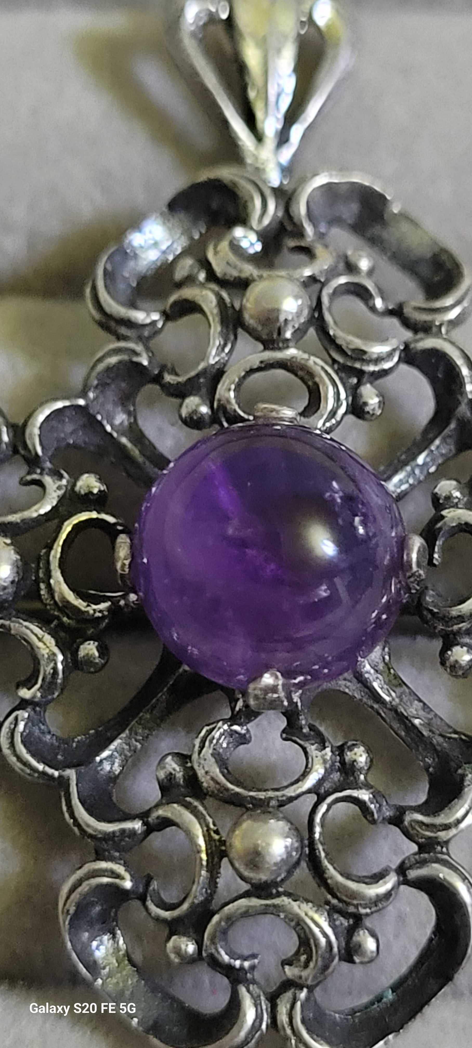 Broșă/pandantiv vintage din argint cu ametist cabochon