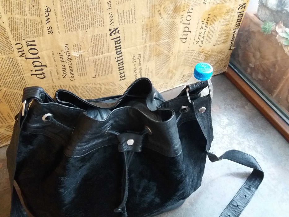 дамска чанта,черна малка кожена торба-естествена кожа и косъм