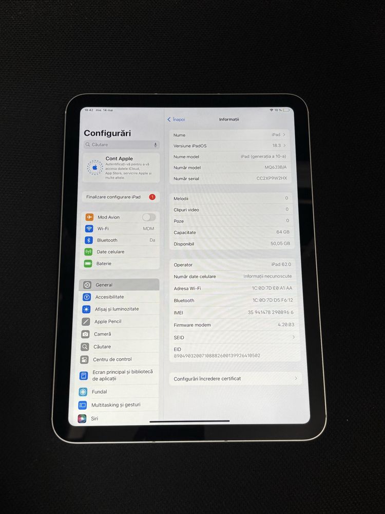 MDM vinde: Tableta Apple Ipad 10 2022, 4G, 64GB, Silver.