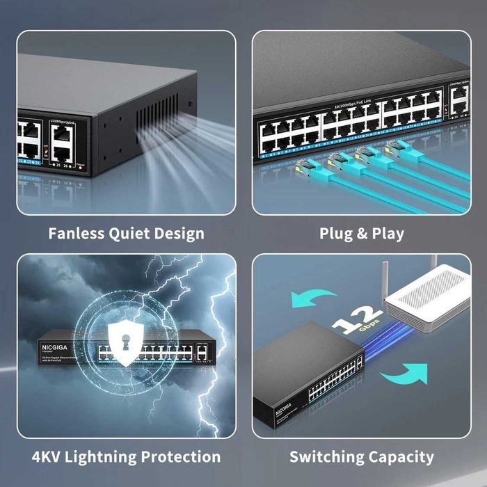 Switch NICGIGA 24 porturi negestionat PoE+ 320W,2 port Gigabit Uplink