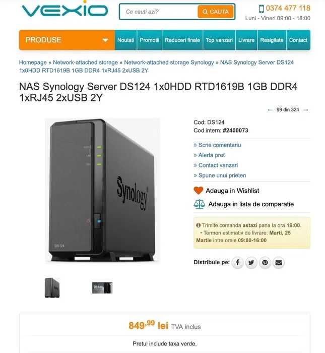 Vand Synology DS124 nou, sigilat, cu 1 HDD 4TB HGST Made in Japan