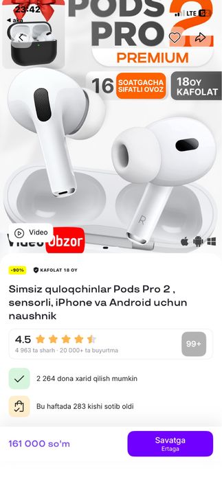 Asil narxi 161 ming bo’lgan Airpods pro 2 sotiladi 2 hafta ishlatlgan