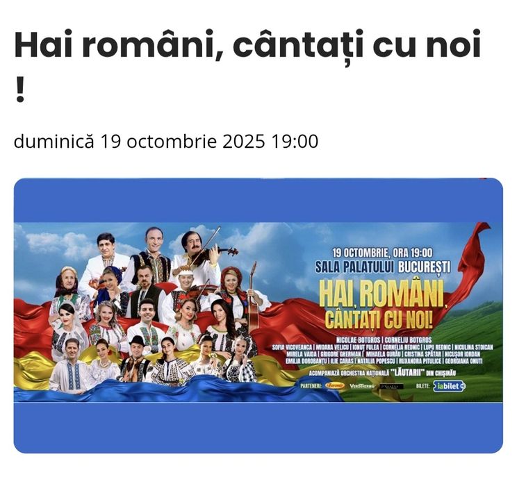 Spectacol Sala Palatului: Hai, romani, cantati cu noi!
