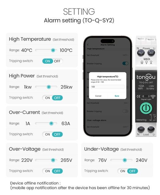 TUYA WIFI смарт превключвател SY2-JWT с ен.отчет 1P/63A DIN