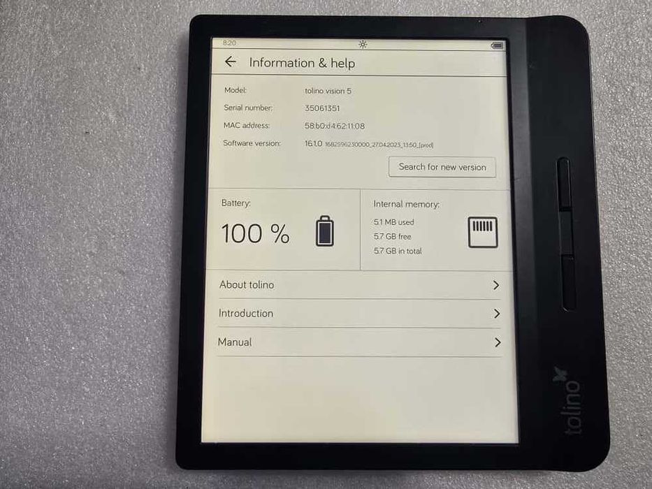 eBook Reader Tolino Vision 5, 7", 8GB, Rezolutie 1440 x 1920, Negru