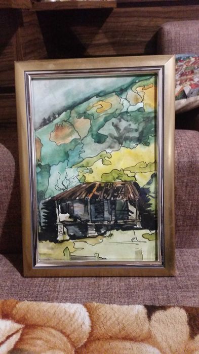 Много стара къща, рисувана с акварел. В супер рамка със стъкло отпред.